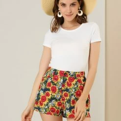 Allegra K Women's Sunflowers Short Pants Elastic Waist Vacation Boho Floral Mini Shorts