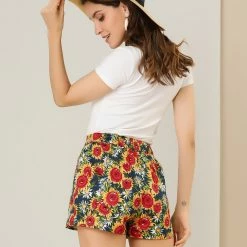Allegra K Women's Sunflowers Short Pants Elastic Waist Vacation Boho Floral Mini Shorts