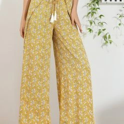 Allegra K Women's Boho High Split Elastic Waist Tassel Drawstring Printed Wide Leg Pants