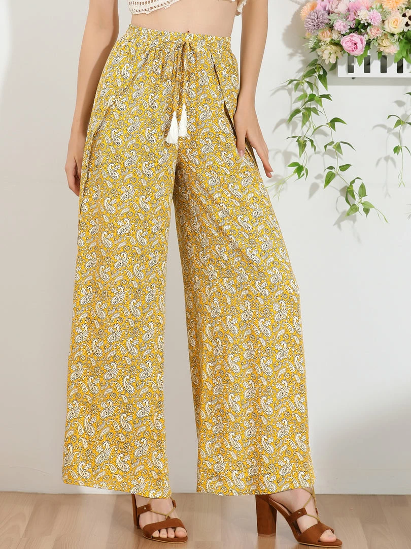 Allegra K Women's Boho High Split Elastic Waist Tassel Drawstring Printed Wide Leg Pants 4 Allegra K Women's Boho High Split Elastic Waist Tassel Drawstring Printed Wide Leg Pants