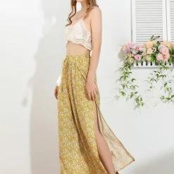 Allegra K Women's Boho High Split Elastic Waist Tassel Drawstring Printed Wide Leg Pants 17 Allegra K Women's Boho High Split Elastic Waist Tassel Drawstring Printed Wide Leg Pants