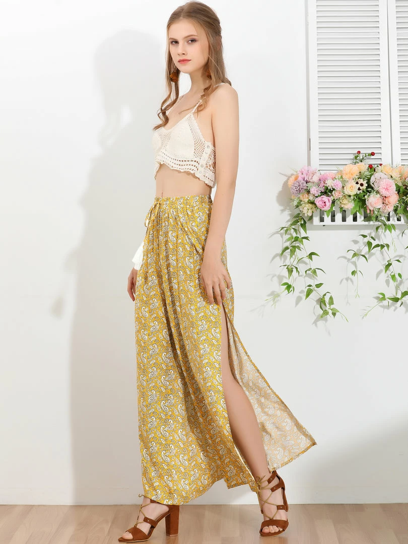 Allegra K Women's Boho High Split Elastic Waist Tassel Drawstring Printed Wide Leg Pants 6 Allegra K Women's Boho High Split Elastic Waist Tassel Drawstring Printed Wide Leg Pants