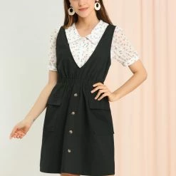 Allegra K Women's Buttons Solid Overalls Pinafore Dress With Pockets