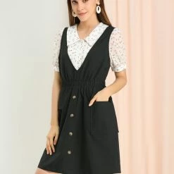 Allegra K Women's Buttons Solid Overalls Pinafore Dress With Pockets