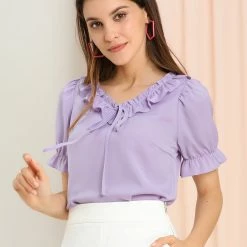Allegra K Women's Tie V Neck Ruffle Neck Top Puff Sleeve Ruffle Cuff Casual Blouse