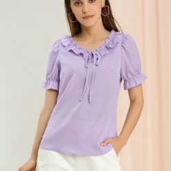 Allegra K Women's Tie V Neck Ruffle Neck Top Puff Sleeve Ruffle Cuff Casual Blouse