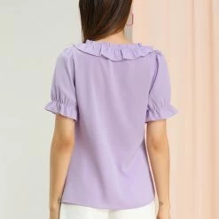 Allegra K Women's Tie V Neck Ruffle Neck Top Puff Sleeve Ruffle Cuff Casual Blouse