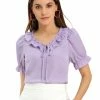 Allegra K Women's Tie V Neck Ruffle Neck Top Puff Sleeve Ruffle Cuff Casual Blouse