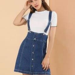 Allegra K Women's Casual Button Front High Waist Overall Denim Skirt Suspender Dress