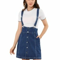 Allegra K Women's Casual Button Front High Waist Overall Denim Skirt Suspender Dress