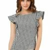 Allegra K Women's Plaid Shirt Flutter Sleeve Boat Neck Ruffle Work Office Blouse