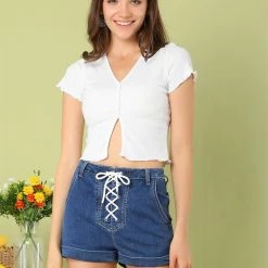 Allegra K Women's Mid Rise Rolled Hem Stretchy Denim Jean Shorts