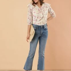 Allegra K Women's Floral Embroidery Ruffled Tie Neck Elbow Sleeve Blouse