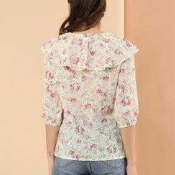 Allegra K Women's Floral Embroidery Ruffled Tie Neck Elbow Sleeve Blouse