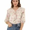 Allegra K Women's Floral Embroidery Ruffled Tie Neck Elbow Sleeve Blouse 2 Allegra K Women's Floral Embroidery Ruffled Tie Neck Elbow Sleeve Blouse