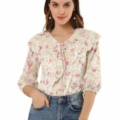 Allegra K Women's Floral Embroidery Ruffled Tie Neck Elbow Sleeve Blouse