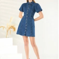 Allegra K Women's Puff Short Sleeve Button Front Mini Jean Denim Dress 34 Allegra K Women's Puff Short Sleeve Button Front Mini Jean Denim Dress