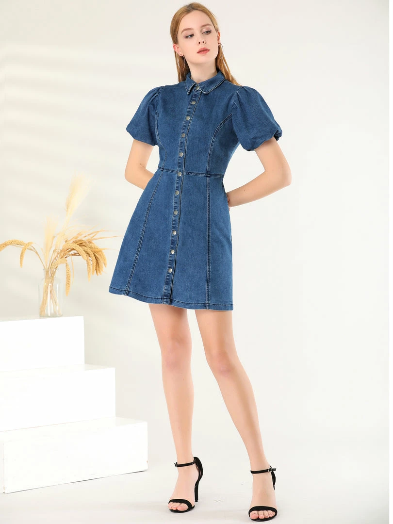 Allegra K Women's Puff Short Sleeve Button Front Mini Jean Denim Dress 5 Allegra K Women's Puff Short Sleeve Button Front Mini Jean Denim Dress