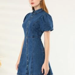 Allegra K Women's Puff Short Sleeve Button Front Mini Jean Denim Dress 35 Allegra K Women's Puff Short Sleeve Button Front Mini Jean Denim Dress