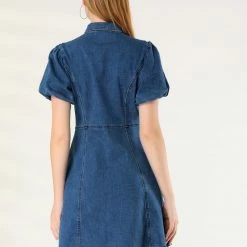 Allegra K Women's Puff Short Sleeve Button Front Mini Jean Denim Dress 36 Allegra K Women's Puff Short Sleeve Button Front Mini Jean Denim Dress