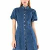 Allegra K Women's Puff Short Sleeve Button Front Mini Jean Denim Dress