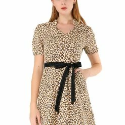 Allegra K Women's Leopard Print V Neck Slash Pocket Tie Waist Mini Dress