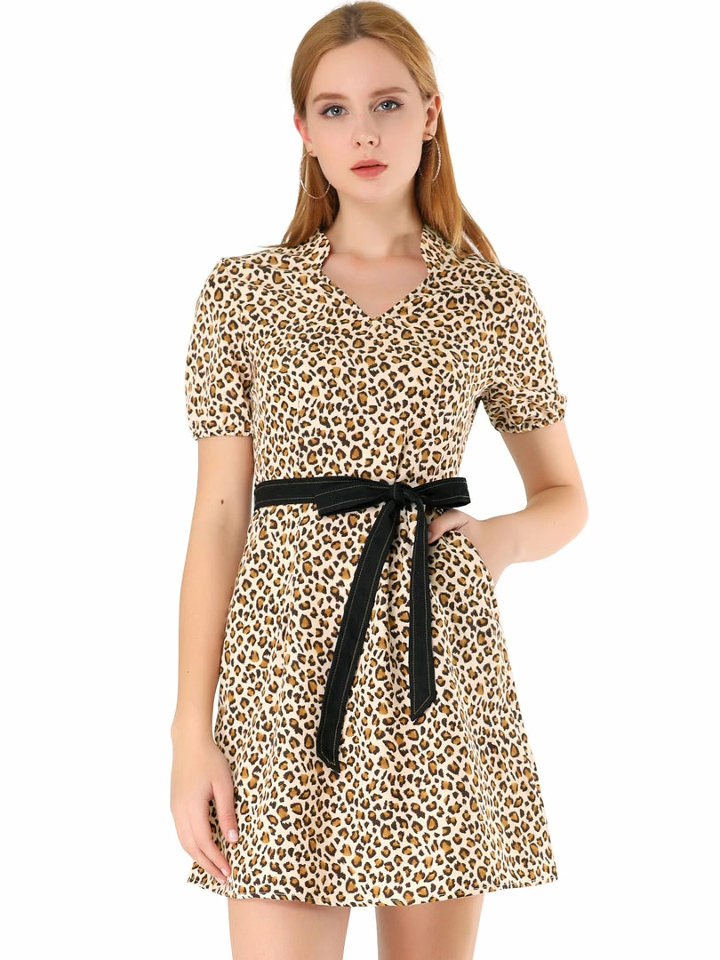 Allegra K Women's Leopard Print V Neck Slash Pocket Tie Waist Mini Dress 3 Allegra K Women's Leopard Print V Neck Slash Pocket Tie Waist Mini Dress