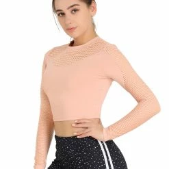Allegra K Women's Mesh Insert Gym Running Long Sleeve Yoga Workout Cropped Tops