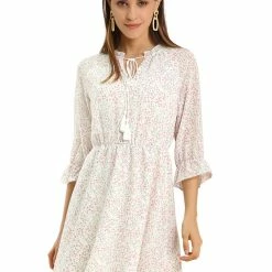 Allegra K Women's Tassel Tie Neck 3/4 Ruffle Sleeve Floral Chiffon A-Line Mini Dress