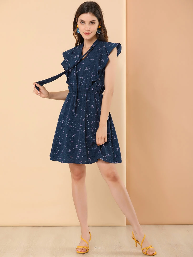 Allegra K Women's Ruffle Sleeve Polka Dots Dresses Tie Neck Summer A Line Dress 5 Allegra K Women's Ruffle Sleeve Polka Dots Dresses Tie Neck Summer A Line Dress
