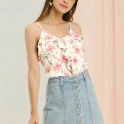 Allegra K Women's Spaghetti Strap Sweet Ruffle Floral Cami Top