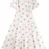 Allegra K Women's Square Neck Peasant Midi Fit And Flare A-Line Floral Print Dress