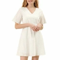 Allegra K Women's Peasant V Neck Vintage Bell Sleeve Mini A-line Flowy Dress