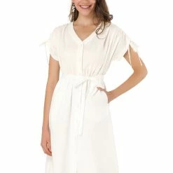 Allegra K Women's Peasant Short Sleeve V Neck Tie Waist Cotton Button Down Shirt Dress