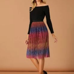 Allegra K Women's Elastic Waist Metallic Shiny Swing Party Midi Skirt