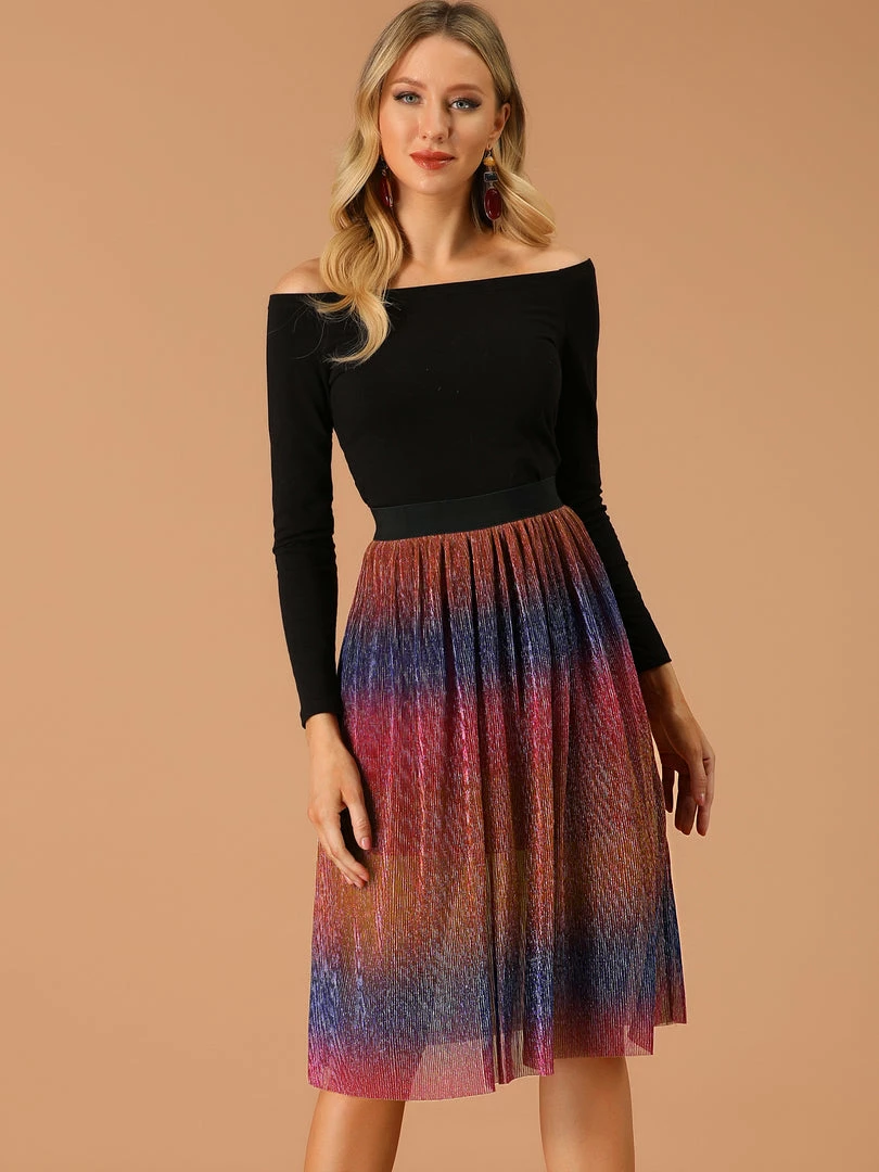 Allegra K Women's Elastic Waist Metallic Shiny Swing Party Midi Skirt 6 Allegra K Women's Elastic Waist Metallic Shiny Swing Party Midi Skirt