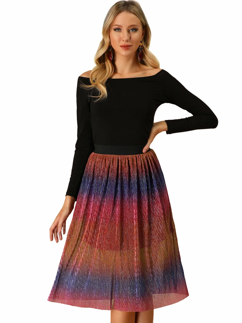Allegra K Women's Elastic Waist Metallic Shiny Swing Party Midi Skirt 3 Allegra K Women's Elastic Waist Metallic Shiny Swing Party Midi Skirt