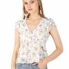 Allegra K Women's Ruffle Front Deep V Neck Cinched Waist Flare Sleeve Floral Top