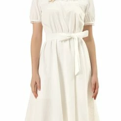 Allegra K Women's Peasant Fit And Flare A-Line Midi Belted Ruffle Neck Dress