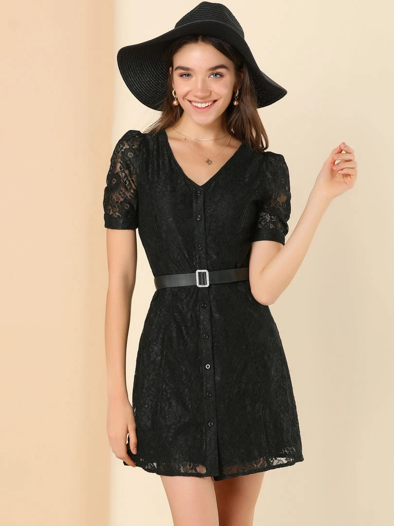 Allegra K Women's Lace Puff Sleeve V Neck Belted Vintage Button Down Dress 4 Allegra K Women's Lace Puff Sleeve V Neck Belted Vintage Button Down Dress