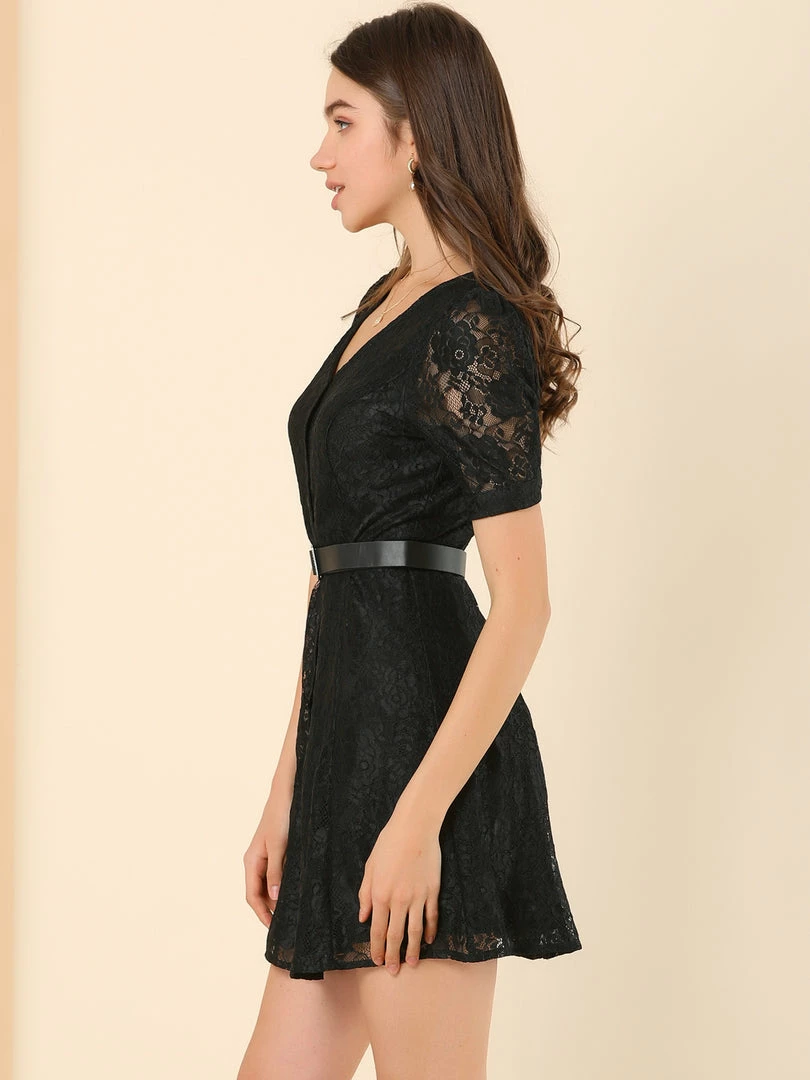 Allegra K Women's Lace Puff Sleeve V Neck Belted Vintage Button Down Dress 5 Allegra K Women's Lace Puff Sleeve V Neck Belted Vintage Button Down Dress