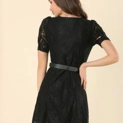 Allegra K Women's Lace Puff Sleeve V Neck Belted Vintage Button Down Dress 17 Allegra K Women's Lace Puff Sleeve V Neck Belted Vintage Button Down Dress