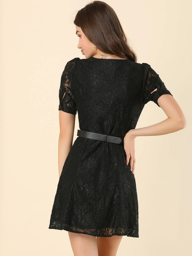 Allegra K Women's Lace Puff Sleeve V Neck Belted Vintage Button Down Dress 6 Allegra K Women's Lace Puff Sleeve V Neck Belted Vintage Button Down Dress