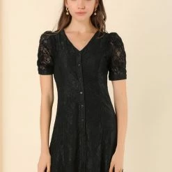 Allegra K Women's Lace Puff Sleeve V Neck Belted Vintage Button Down Dress 18 Allegra K Women's Lace Puff Sleeve V Neck Belted Vintage Button Down Dress