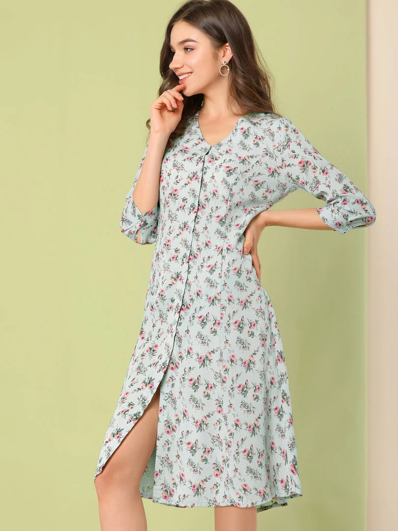 Allegra K Women's Floral Vintage V Neck 3/4 Sleeves Flare Button Front Dress 4 Allegra K Women's Floral Vintage V Neck 3/4 Sleeves Flare Button Front Dress
