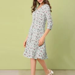 Allegra K Women's Floral Vintage V Neck 3/4 Sleeves Flare Button Front Dress 17 Allegra K Women's Floral Vintage V Neck 3/4 Sleeves Flare Button Front Dress