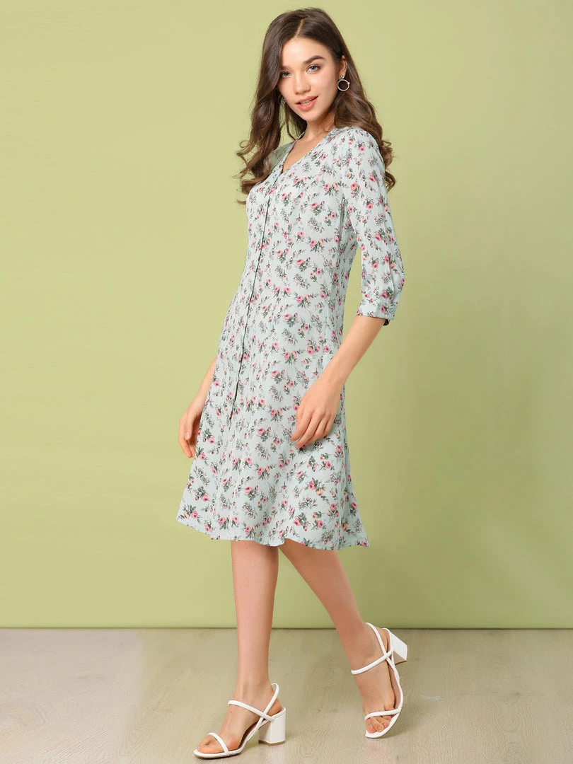 Allegra K Women's Floral Vintage V Neck 3/4 Sleeves Flare Button Front Dress 6 Allegra K Women's Floral Vintage V Neck 3/4 Sleeves Flare Button Front Dress