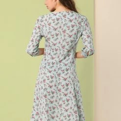 Allegra K Women's Floral Vintage V Neck 3/4 Sleeves Flare Button Front Dress 18 Allegra K Women's Floral Vintage V Neck 3/4 Sleeves Flare Button Front Dress