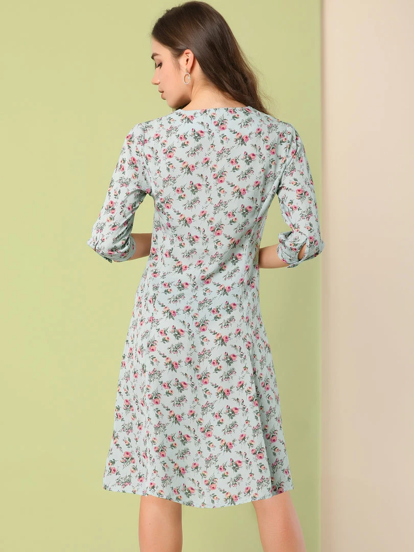 Allegra K Women's Floral Vintage V Neck 3/4 Sleeves Flare Button Front Dress 7 Allegra K Women's Floral Vintage V Neck 3/4 Sleeves Flare Button Front Dress