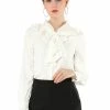 Allegra K Women's Ruffle Neck Tie Neck Ruffle Cuff Button Front Solid Work Shirt
